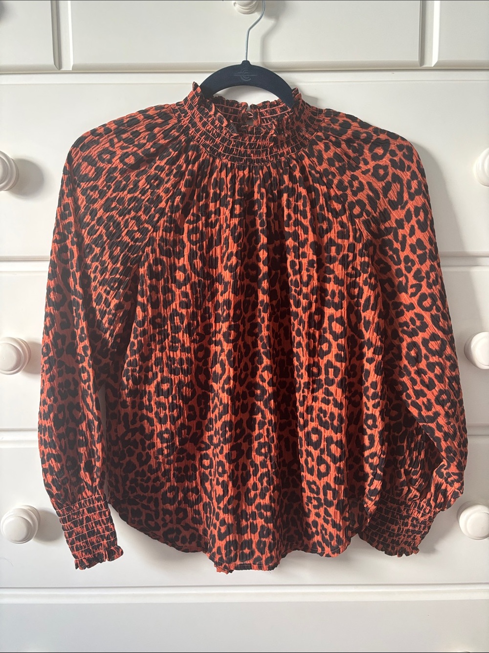 LOFT XXS Petite Rust and Black Leopard Smocked-Neck Blouse
